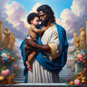 Classical oil painting style depicting an African-American Jesus...