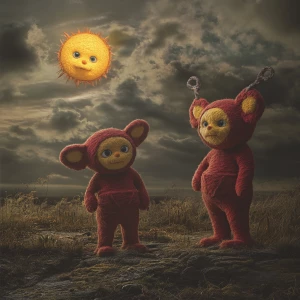 Create a photorealistic image depicting the felted Teletubbies i...