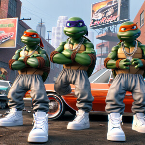 Ninja turtles in los angeles streets with baggy gang clothing wh...