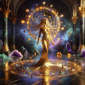 A radiant goddess, sculpted from polished, luminescent gold, sta...