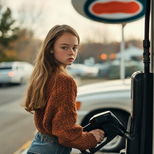 tween pumping gas while go overfills distracted by her beauty
