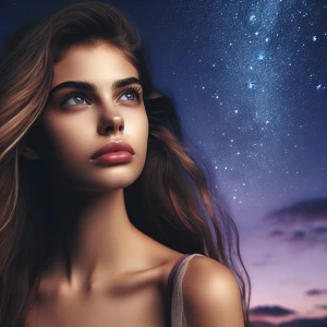 A young, beautiful  caucasian woman with flowing long hair gazes...