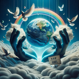 Two big hands open coming from the clouds, the clouds are white...