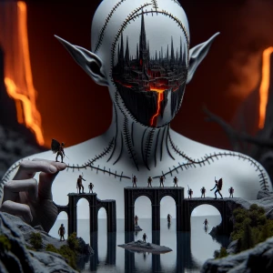 Elf with prominent
stitched face, and within the
Elf body, there is a
detailed scene of a dystopic 
castle by a cliff,
surrounded by tall
gates and lava. In this
scene, there's also 
smaller elves standing by
the castles edge,
reflecting in the lake.
The background is a
misty haunted forest, adding a
serene and mystic,ghostly haunting