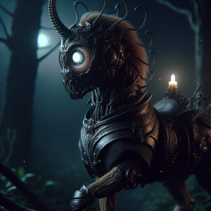 Create an image of a threatening chibi centaur wearing a decrepi...