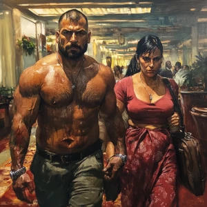 Hyperrealistic painting.A sweaty buffy criminal walking with his...