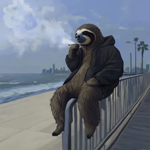 Sloths slerf meme..leaning on boardwalk railing smoking a cigare...