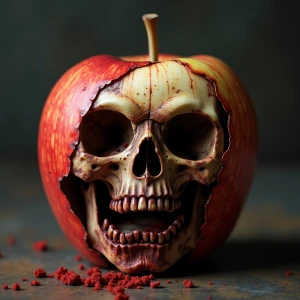 Half eaten rotten apple, demon, skull,bizarre,dark art