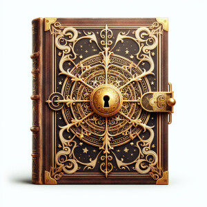 Artificially-aged book with elaborate cover designs and a centra...