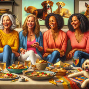 oil painting of 4 middle aged women with laughing smiles, sittin...