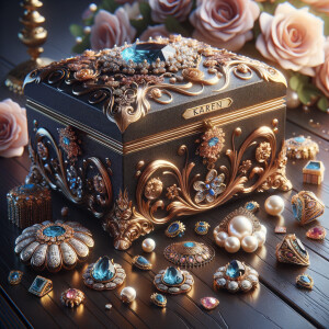 Create an image of an ornate jewelry box richly detailed with golden swirls and floral motifs, with no items on the top. Inside the box lies a collection of exquisite jewelry, each piece featuring vibrant blue gemstones set amongst pearls and golden accents. This treasure is placed on a dark wooden surface, subtly reflecting the luster of the gems. Around the box, there are loose gemstones, a golden flower, and soft pink roses in the blurred background, contributing to the elegant ambiance. The name 'Karen' is elegantly inscribed above the jewelry box, adding a personalized touch to the scene.