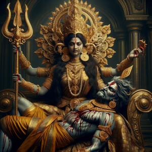 portrait of angry looking goddess durga sitting on a gold crown and carrying a weak mahishasur on her lap and stabbing him with her amazingly designed trident. She is wearing gold armor, a huge gold crown, gold saree, abundant  gold jewelry, covered in blood. The scene is set in ancient India. The image is 8K resolution, cinematic, ultra detailed face and epic.