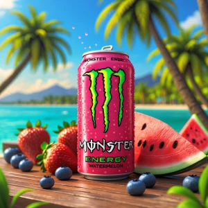 "A vibrant advertisement-style scene for a can of Monster Energy...