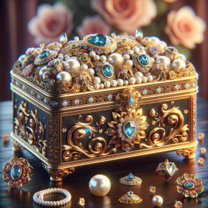 Create an image of an ornate jewelry box richly detailed with golden swirls and floral motifs, with no items on the top. Inside the box lies a collection of exquisite jewelry, each piece featuring vibrant blue gemstones set amongst pearls and golden accents. This treasure is placed on a dark wooden surface, subtly reflecting the luster of the gems. Around the box, there are loose gemstones, a golden flower, and soft pink roses in the blurred background, contributing to the elegant ambiance. The name 'Karen' is elegantly inscribed above the jewelry box, adding a personalized touch to the scene.