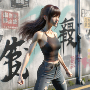 Athletic Thin skinny Attractive, Asian teenage girl, long brown hair and bangs, wearing tight skinny jeans and a halter top paint marks on her clothing, heroic pose Asian graffiti background, side view