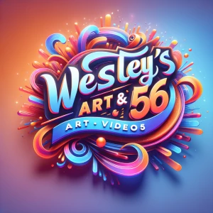 Create a 3D animated logo for "Wesley's Art & Videos56" incorporating creative and moving typography. Apply a bright and lively color scheme to reflect the brand's energetic and versatile approach to multimedia content creation. The animation must captivate the audience, ensure visual appeal, and convey a fusion of artistic flair with a professional digital media image.