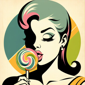 A woman look to the front, bite lollipop