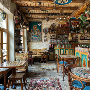 сгенерируй мне кофейню в дагестанских горах выполненную в стилис...