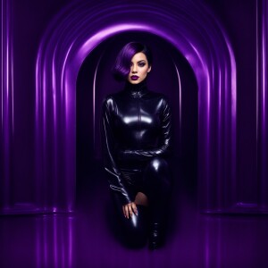 Create an image of a woman sporting shiny dark purple hair and c...