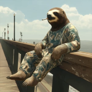 Sloths slerf meme..hanging out on the boardwalk smoking a cigare...
