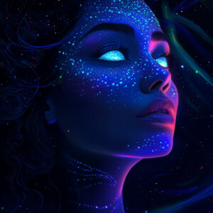 A realistic vector portrait of a woman with bioluminescent tatto...