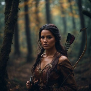 Brunette Female warrior in forest with a bow