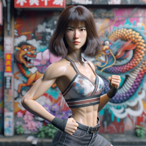 Athletic Thin skinny Attractive, Asian teenage girl, long brown hair and bangs, wearing tight skinny jeans and a halter top paint marks on her clothing, heroic pose Asian graffiti background