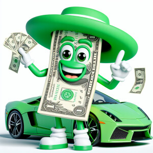 An anthropomorphic dollar bill character dressed in green attire...