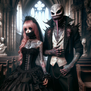 dark fantasy scene girl spike collar bride pink hair stitches in...
