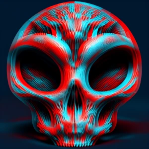 Create a 3D  image of a alien skull featuring red and blue stere...