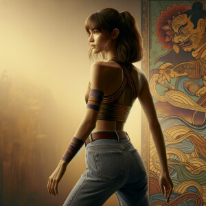 Athletic Thin skinny Attractive, Asian teenage girl, long brown hair and bangs, wearing tight skinny jeans and a halter top paint marks on her clothing, heroic pose Asian graffiti background, backside view