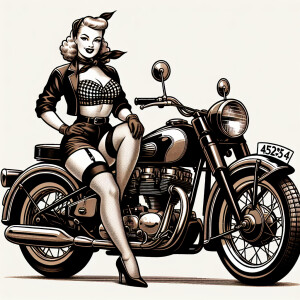 Pinup girl with large breast on a vintage motorcycle