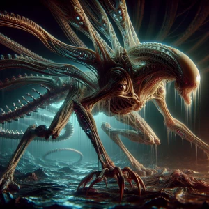"In the eerie glow of an alien world, a terrifying creature prow...