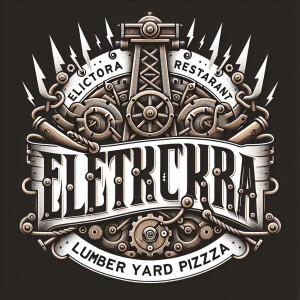 An intricately designed Electra Lumber Yard Pizza logo in steamp...