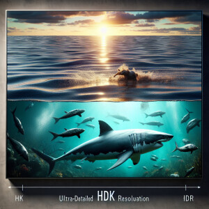 Half-submerged split-view of a great white shark pursuing a seal...