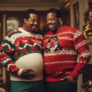 A joyful, cozy Christmas scene featuring two men resembling Jay-...