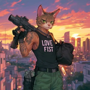 Design a humanoid cat character in a dynamic video game art styl...