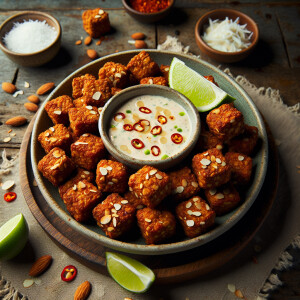 Spicy almond-crusted tempe bites with coconut lime dipping sauce