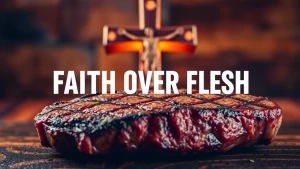 A juicy grilled steak with a glowing Christian cross behind it,...