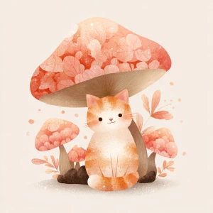 Pastel pink orange cat under mushroom, kawaii illustration, isol...