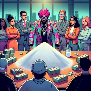 People dressed in hip-hop clothing standing around a table of mo...