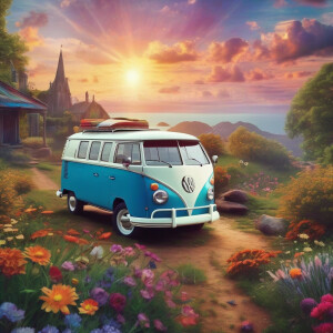 create a dreamy realistic bohemian theme colorful scene with vol...