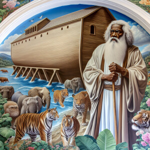 A close-up and detailed wall painting focusing on Noah, depicted...