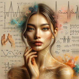 Abstract, minimalist, painting, with pencil line, paint stroke, gestures, colorful marks, mathematical equations, electrical cardiogram, printouts complex math formulas, dna asian teen girl