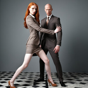 Create a photorealistic image featuring a long ginger-haired sub...