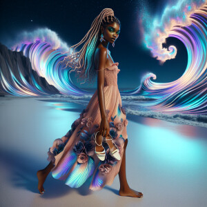 3D image of a beautiful night at the beach. There are elements i...