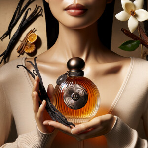 A woman with skinny model face holds a bottle of perfume in her...