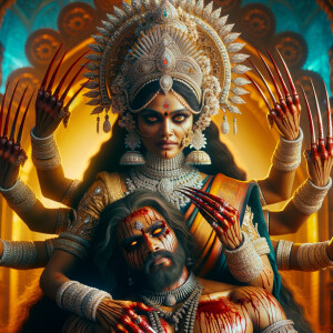portrait of intense looking, four-armed indian goddess sitting...