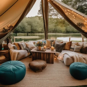 Design an upscale outdoor glamping birthday celebration featurin...