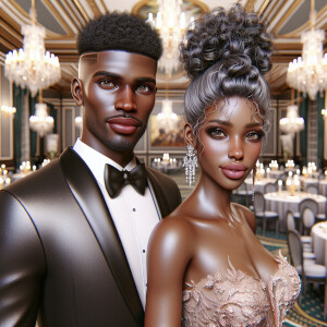 A light skin African American couple at a fancy ballroom event....
